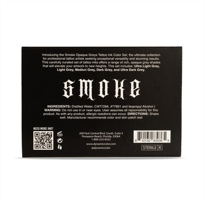 Dynamic Color Co- Smoke Set Opaque Grey Tattoo Ink - 5 Shades Ultra Light to Ultra Dark, 1 oz Bottles, Made in USA, Sterilized Avelisse