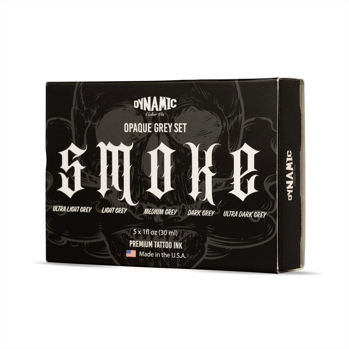 Dynamic Color Co- Smoke Set Opaque Grey Tattoo Ink - 5 Shades Ultra Light to Ultra Dark, 1 oz Bottles, Made in USA, Sterilized Avelisse