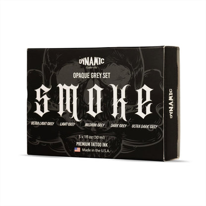 Dynamic Color Co- Smoke Set Opaque Grey Tattoo Ink - 5 Shades Ultra Light to Ultra Dark, 1 oz Bottles, Made in USA, Sterilized Avelisse