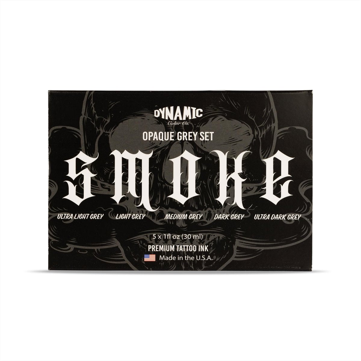 Dynamic Color Co- Smoke Set Opaque Grey Tattoo Ink - 5 Shades Ultra Light to Ultra Dark, 1 oz Bottles, Made in USA, Sterilized Avelisse