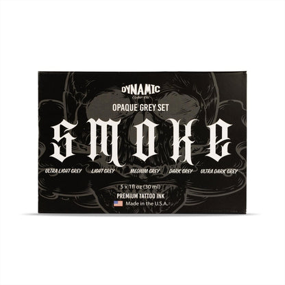 Dynamic Color Co- Smoke Set Opaque Grey Tattoo Ink - 5 Shades Ultra Light to Ultra Dark, 1 oz Bottles, Made in USA, Sterilized Avelisse