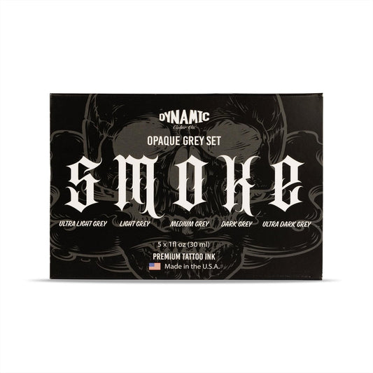 Dynamic Color Co- Smoke Set Opaque Grey Tattoo Ink - 5 Shades Ultra Light to Ultra Dark, 1 oz Bottles, Made in USA, Sterilized Avelisse
