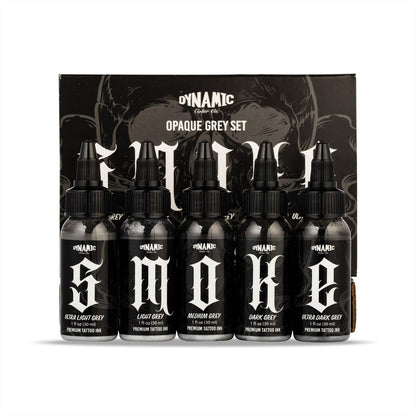 Dynamic Color Co- Smoke Set Opaque Grey Tattoo Ink - 5 Shades Ultra Light to Ultra Dark, 1 oz Bottles, Made in USA, Sterilized Avelisse