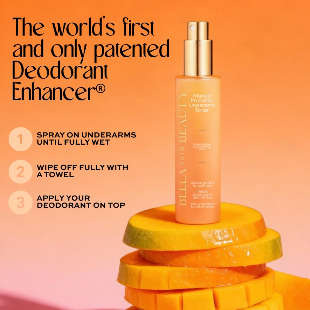 Bella Skin Beauty Deodorant Enhancer® Probiotic Underarm Toner - Mango - Pre-Deodorant Spray for Longer-Lasting Odor Control Avelisse