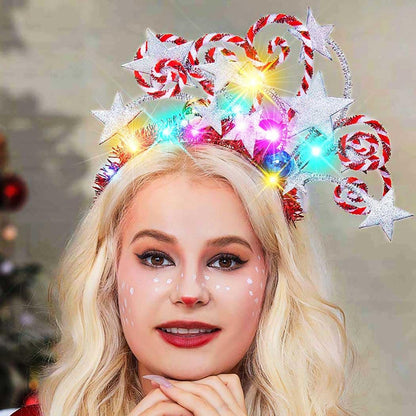 Kilshye Light Up Star Christmas Headband - Red LED Candy Cane Hairband for Women & Girls