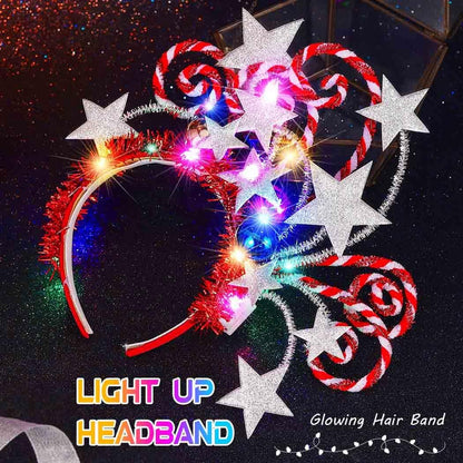 Kilshye Light Up Star Christmas Headband - Red LED Candy Cane Hairband for Women & Girls