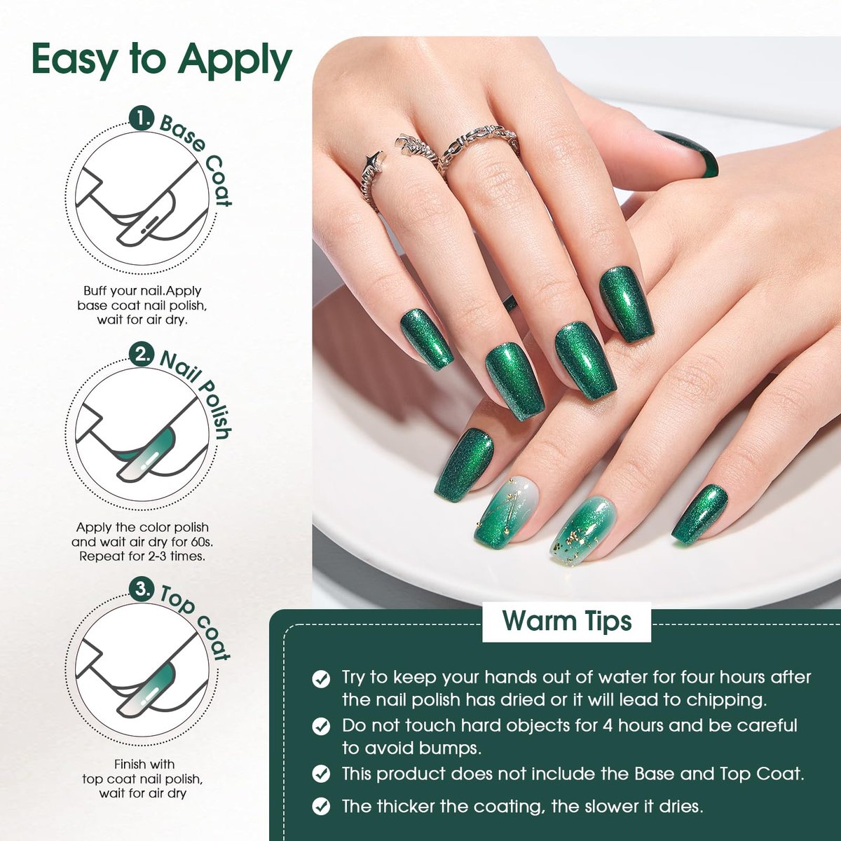 COSMOO Glitter Dark Green Nail Polish – Quick Dry, Shimmer Nail Lacquer 12ml - görsel 17