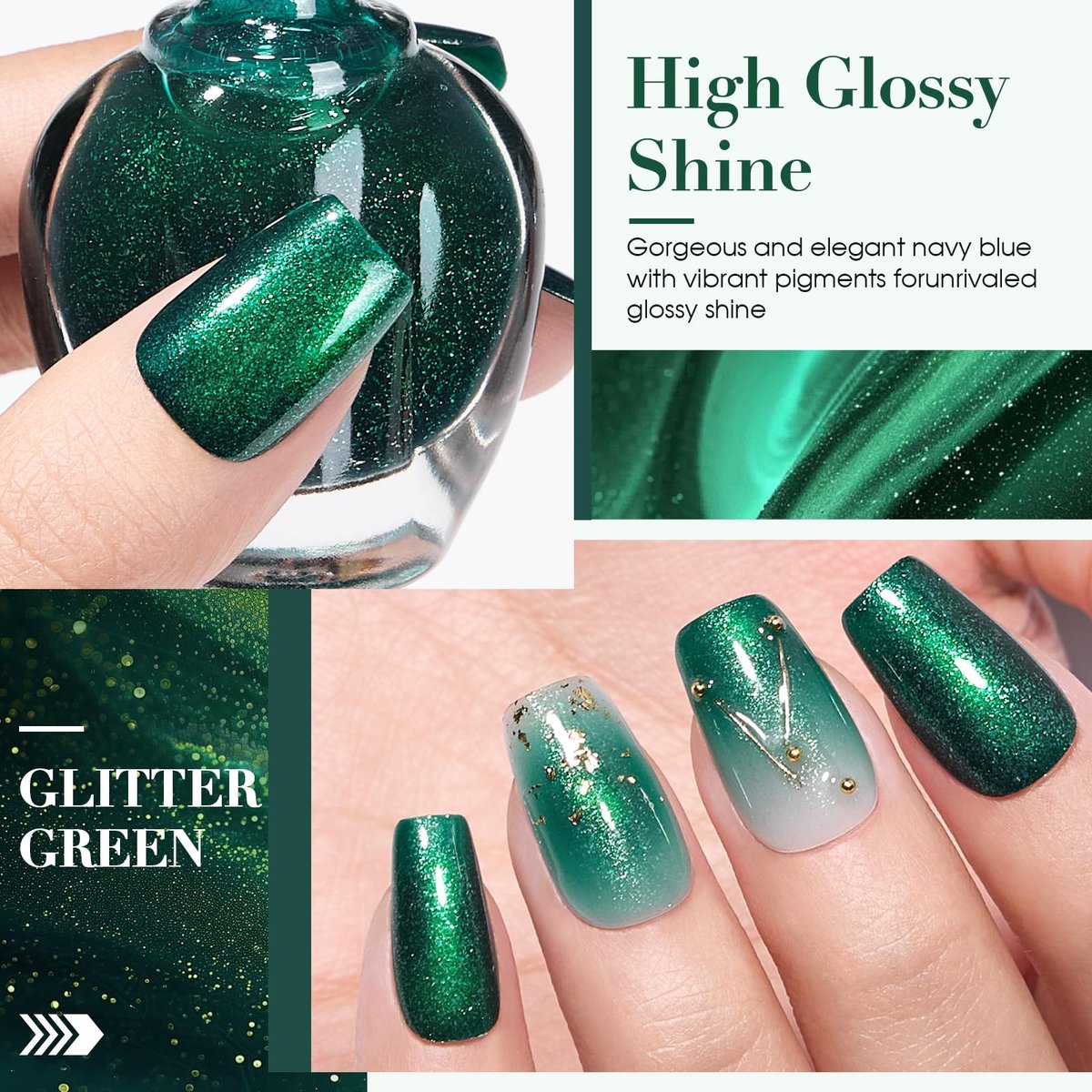 COSMOO Glitter Dark Green Nail Polish – Quick Dry, Shimmer Nail Lacquer 12ml - görsel 5