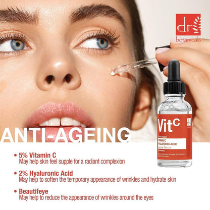 Dr Botanicals 5% Vitamin C & 2% Hyaluronic Acid Facial Serum – Anti-Aging, Brightening, Hydrating Serum with Beautifeye, 1 fl oz