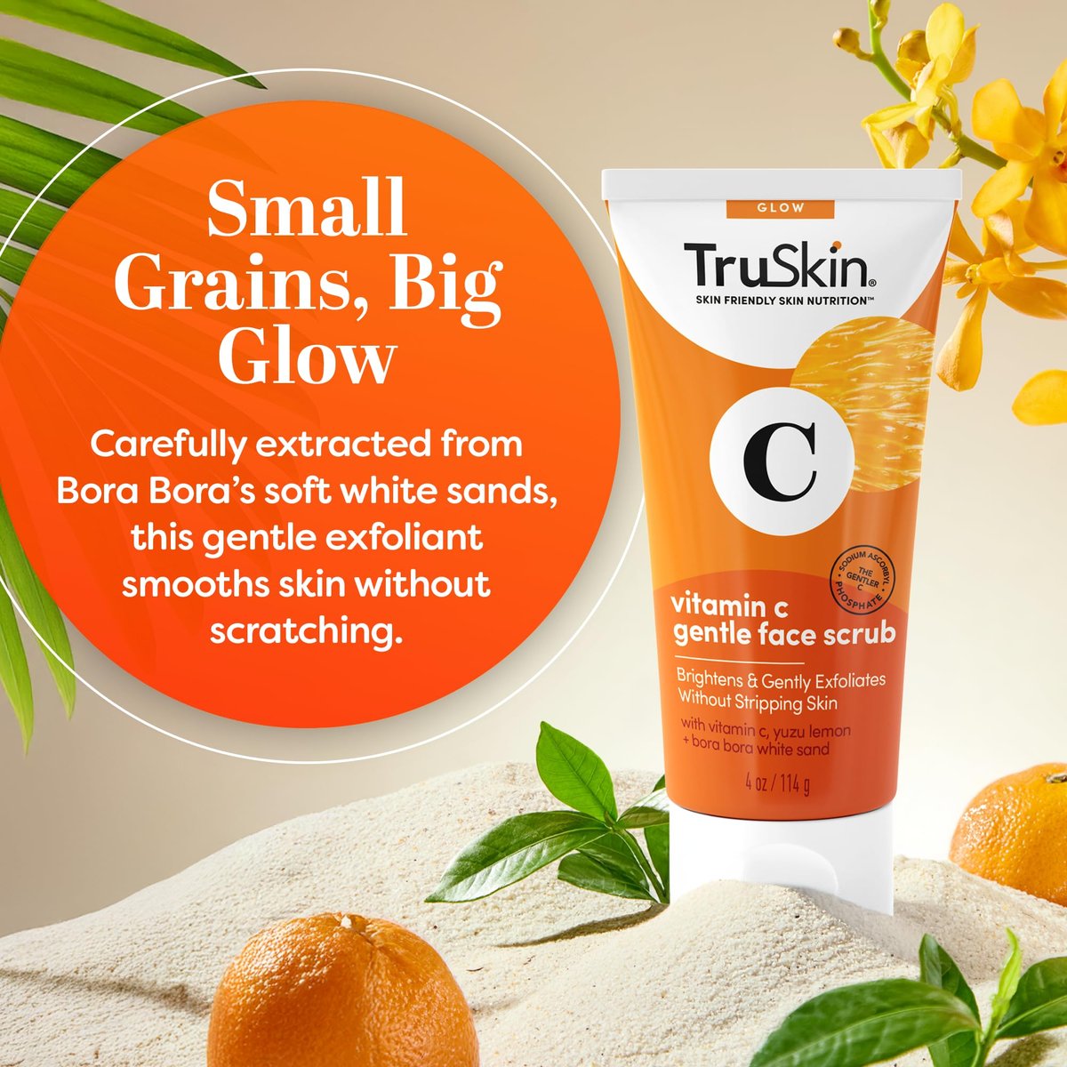 TruSkin Vitamin C Face Scrub & Face Exfoliator - Brightening Facial Scrub with Bora Bora White Sand & Yuzu Lemon - Smooths Texture and Reveals Softer-Looking Skin, 4 fl oz Avelisse