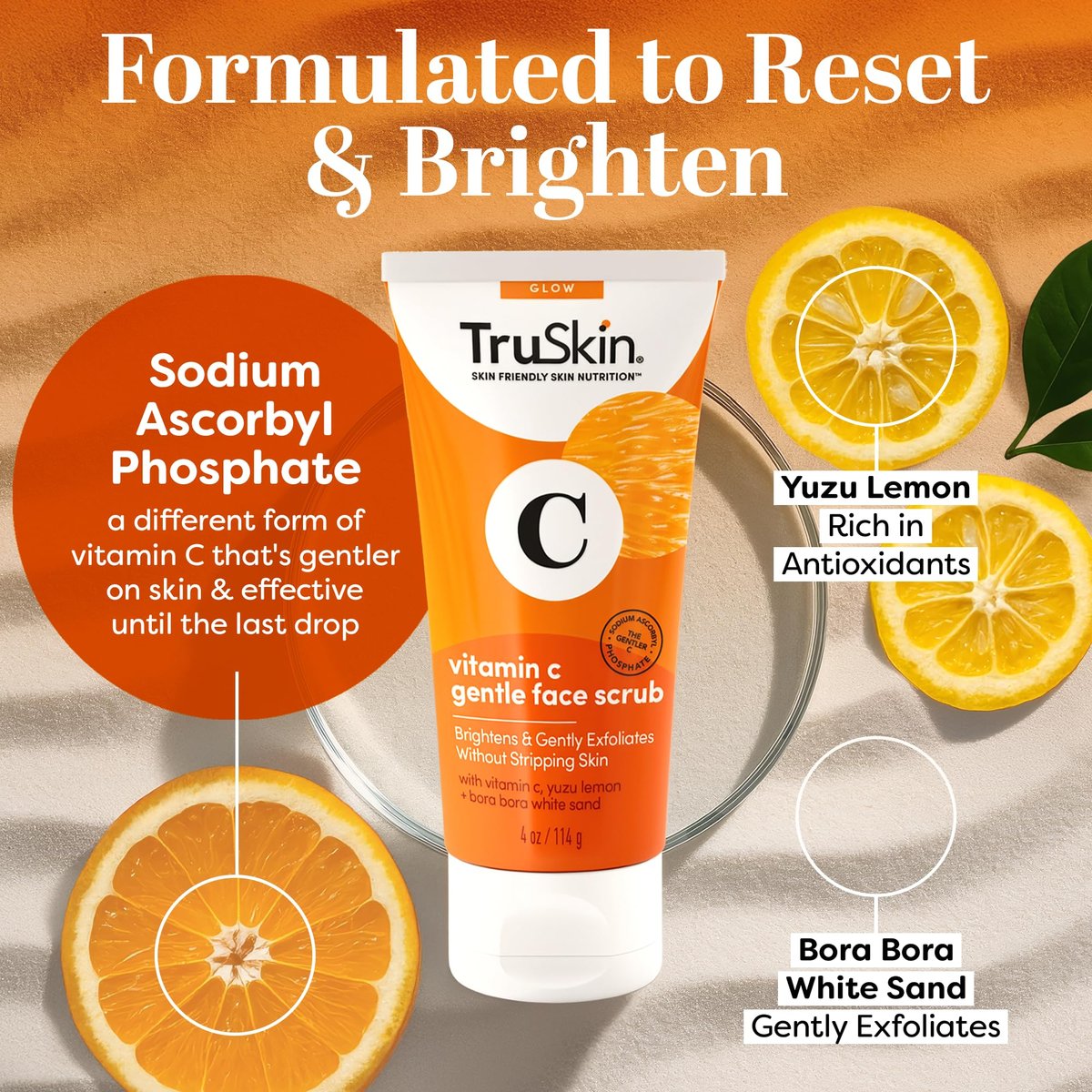 TruSkin Vitamin C Face Scrub & Face Exfoliator - Brightening Facial Scrub with Bora Bora White Sand & Yuzu Lemon - Smooths Texture and Reveals Softer-Looking Skin, 4 fl oz Avelisse