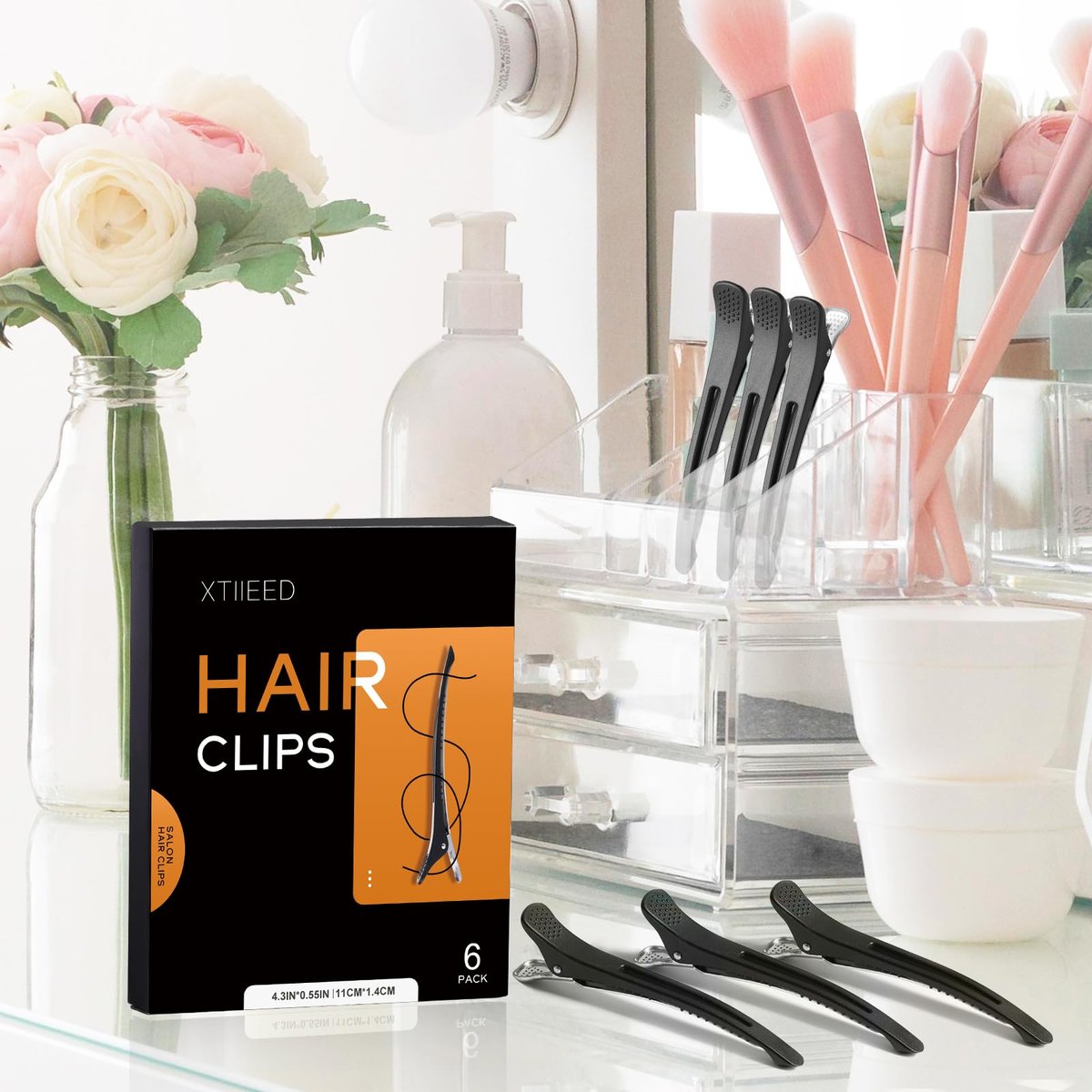 XTIIEED 6 Pack Professional Hair Clips for Styling Sectioning, Non Slip Duck Billed with Silicone Band, Hair Roller Clips No Crease - Length 4.3'' for Salon and Home Haircuts (Black) - görsel 11