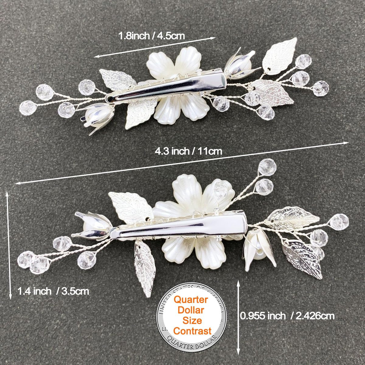 PRETTYLIFE Pearls Flower Hair Clips 2pcs - Ivory Floral Silver Leaf Vine Hair Pieces for Wedding Women - görsel 10