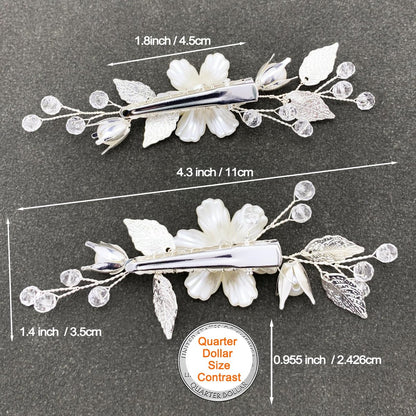 PRETTYLIFE Pearls Flower Hair Clips 2pcs - Ivory Floral Silver Leaf Vine Hair Pieces for Wedding Women
