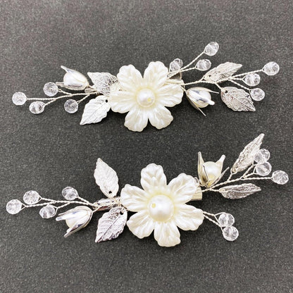 PRETTYLIFE Pearls Flower Hair Clips 2pcs - Ivory Floral Silver Leaf Vine Hair Pieces for Wedding Women
