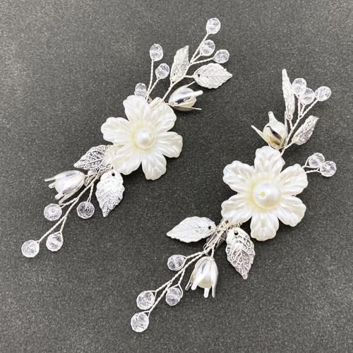PRETTYLIFE Pearls Flower Hair Clips 2pcs - Ivory Floral Silver Leaf Vine Hair Pieces for Wedding Women - görsel 1