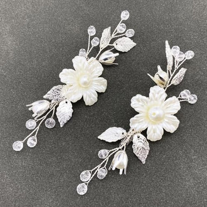PRETTYLIFE Pearls Flower Hair Clips 2pcs - Ivory Floral Silver Leaf Vine Hair Pieces for Wedding Women