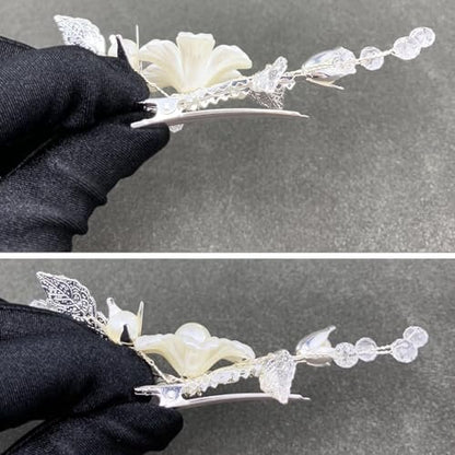PRETTYLIFE Pearls Flower Hair Clips 2pcs - Ivory Floral Silver Leaf Vine Hair Pieces for Wedding Women