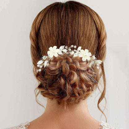 PRETTYLIFE Pearls Flower Hair Clips 2pcs - Ivory Floral Silver Leaf Vine Hair Pieces for Wedding Women