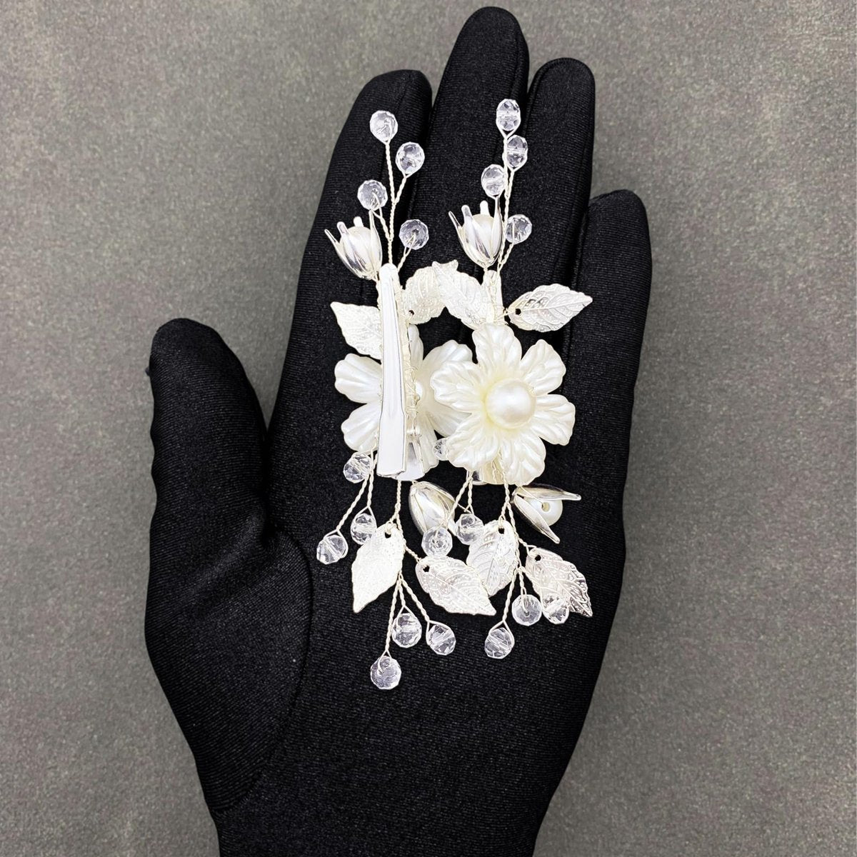 PRETTYLIFE Pearls Flower Hair Clips 2pcs - Ivory Floral Silver Leaf Vine Hair Pieces for Wedding Women - görsel 14