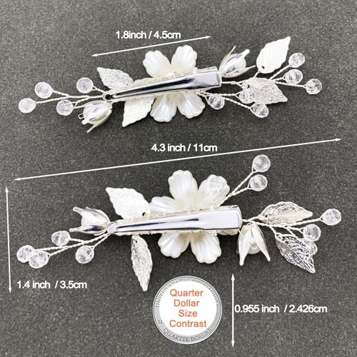 PRETTYLIFE Pearls Flower Hair Clips 2pcs - Ivory Floral Silver Leaf Vine Hair Pieces for Wedding Women - görsel 9