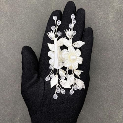 PRETTYLIFE Pearls Flower Hair Clips 2pcs - Ivory Floral Silver Leaf Vine Hair Pieces for Wedding Women