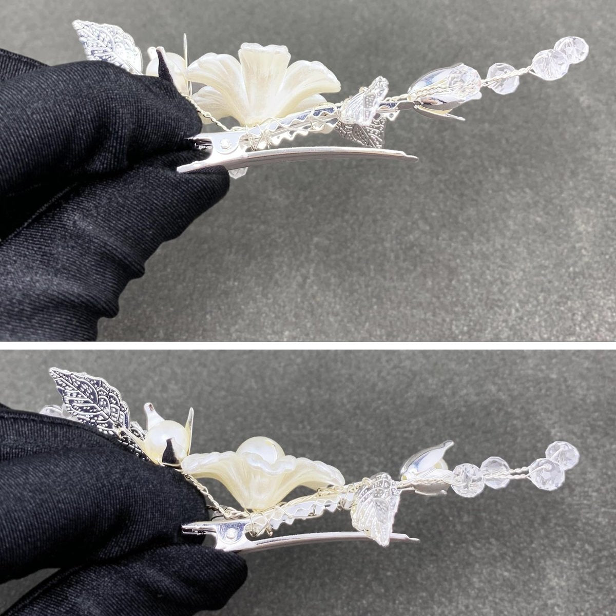 PRETTYLIFE Pearls Flower Hair Clips 2pcs - Ivory Floral Silver Leaf Vine Hair Pieces for Wedding Women - görsel 12
