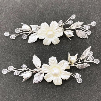 PRETTYLIFE Pearls Flower Hair Clips 2pcs - Ivory Floral Silver Leaf Vine Hair Pieces for Wedding Women
