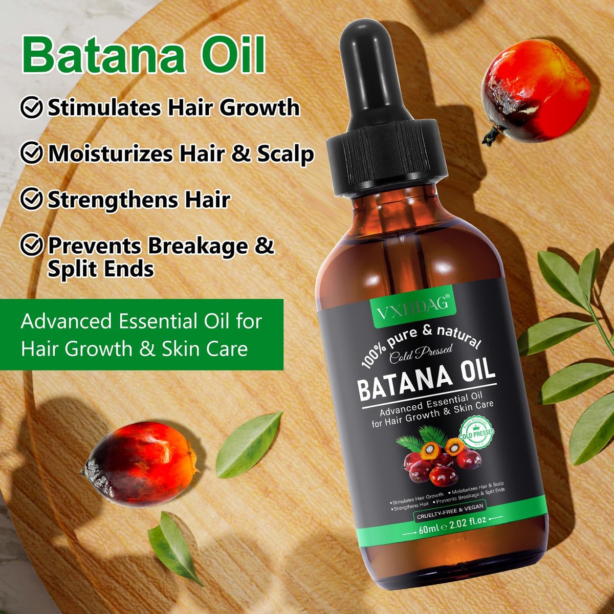 VXHDAG Batana Oil for Hair Growth and Nourishment - 2.02 fl oz with Scalp Massager, Pure & Natural for Split Ends and Radiant Skin Avelisse