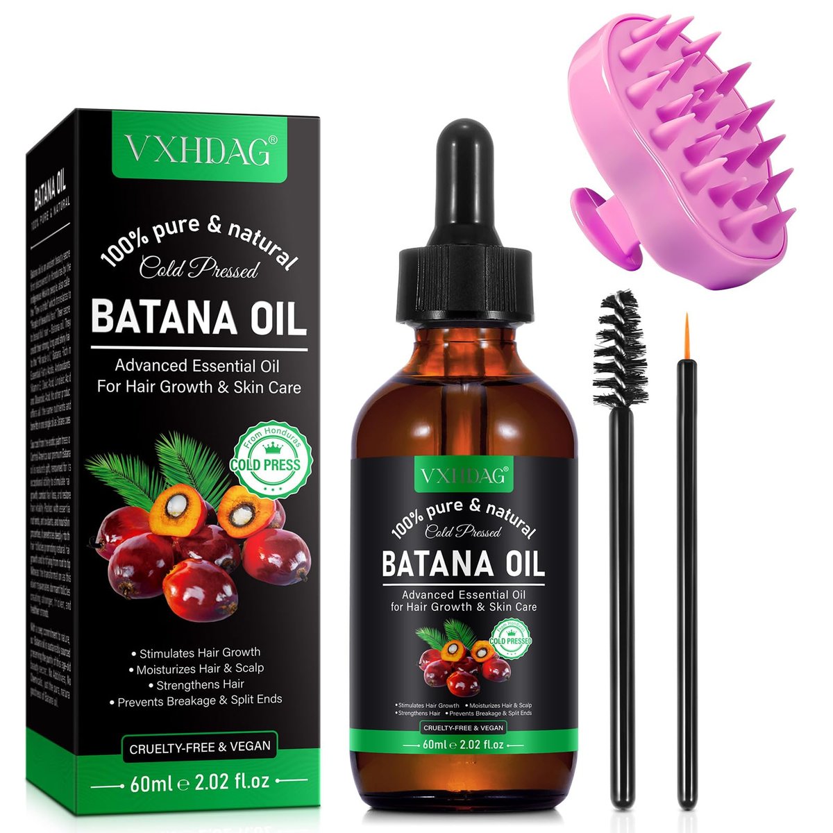 VXHDAG Batana Oil for Hair Growth and Nourishment - 2.02 fl oz with Scalp Massager, Pure & Natural for Split Ends and Radiant Skin Avelisse