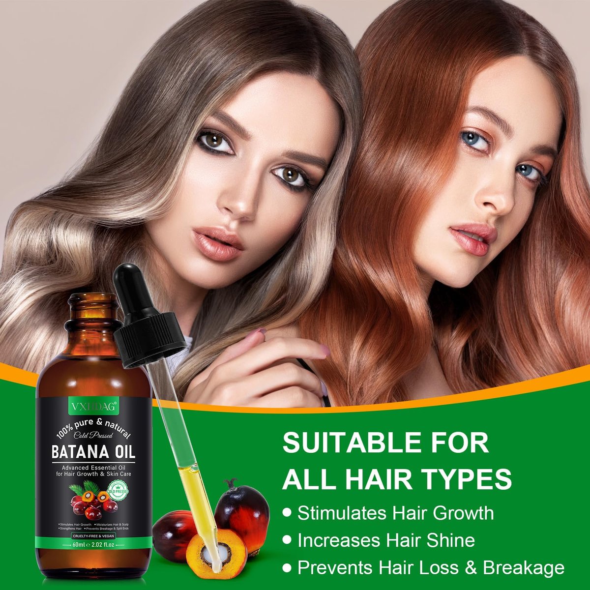 VXHDAG Batana Oil for Hair Growth and Nourishment - 2.02 fl oz with Scalp Massager, Pure & Natural for Split Ends and Radiant Skin Avelisse