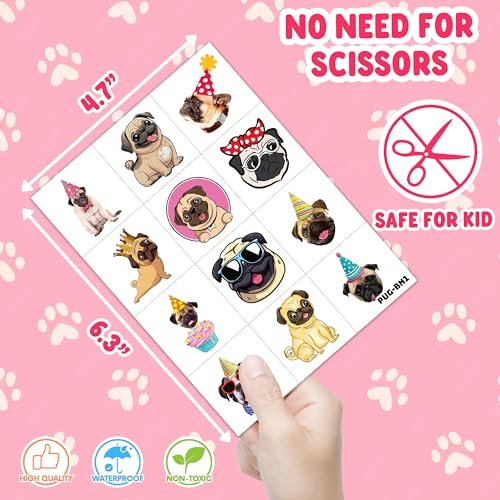 96 PCS Pug Temporary Tattoos for Kids - Pre-Cut Cute Dog Puppy Stickers for Birthday Party Favors, Decorations, Supplies, School Rewards & Gifts for Boys Girls Avelisse