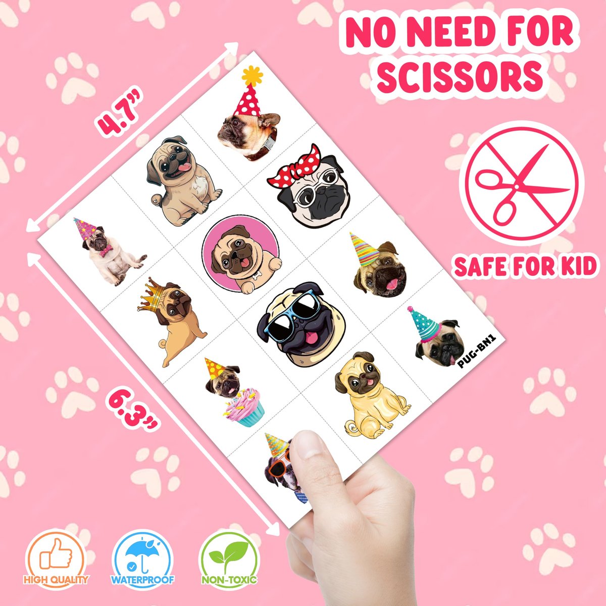 96 PCS Pug Temporary Tattoos for Kids - Pre-Cut Cute Dog Puppy Stickers for Birthday Party Favors, Decorations, Supplies, School Rewards & Gifts for Boys Girls Avelisse