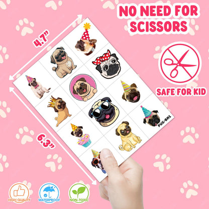 96 PCS Pug Temporary Tattoos for Kids - Pre-Cut Cute Dog Puppy Stickers for Birthday Party Favors, Decorations, Supplies, School Rewards & Gifts for Boys Girls Avelisse