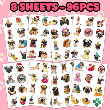96 PCS Pug Temporary Tattoos for Kids - Pre-Cut Cute Dog Puppy Stickers for Birthday Party Favors, Decorations, Supplies, School Rewards & Gifts for Boys Girls Avelisse