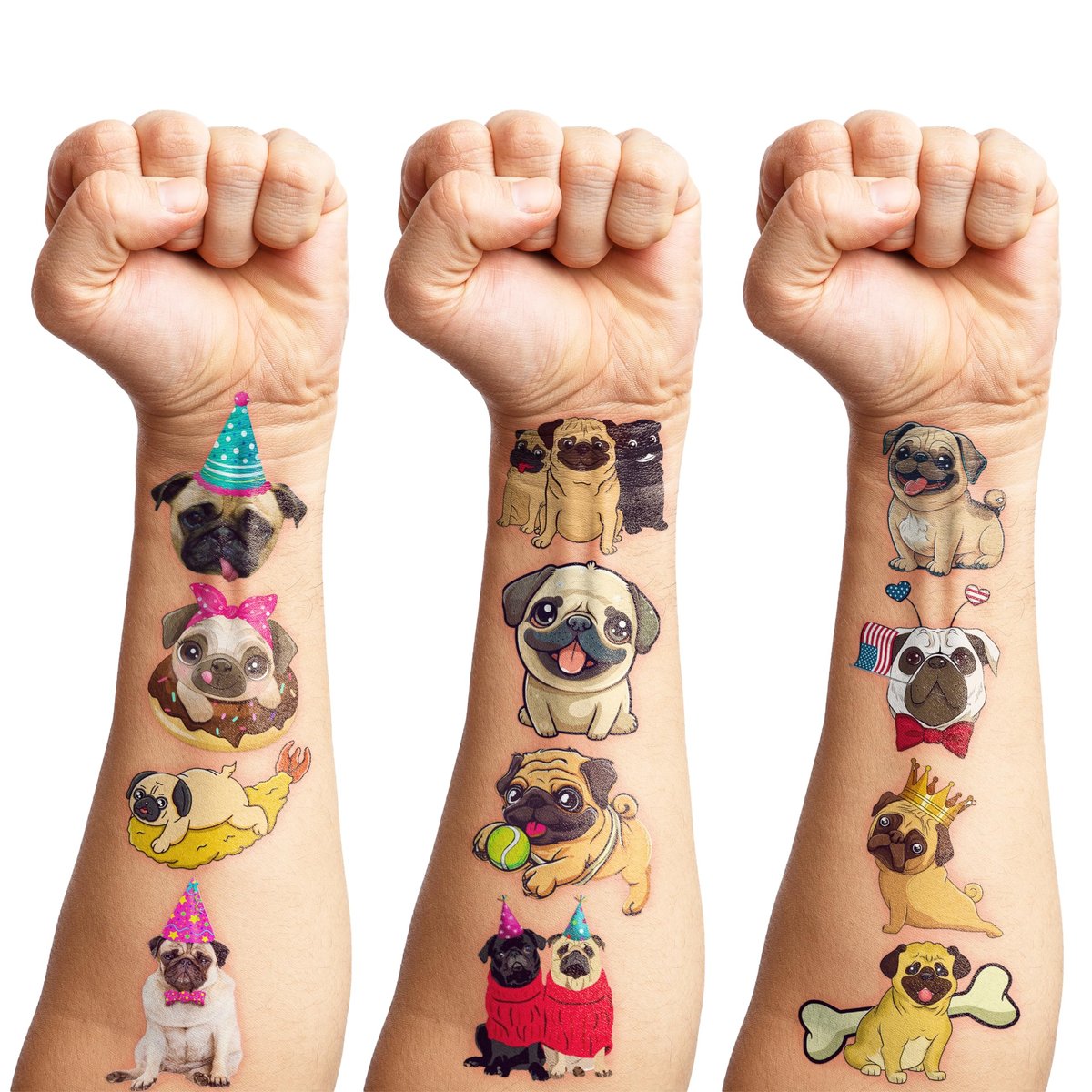 96 PCS Pug Temporary Tattoos for Kids - Pre-Cut Cute Dog Puppy Stickers for Birthday Party Favors, Decorations, Supplies, School Rewards & Gifts for Boys Girls Avelisse