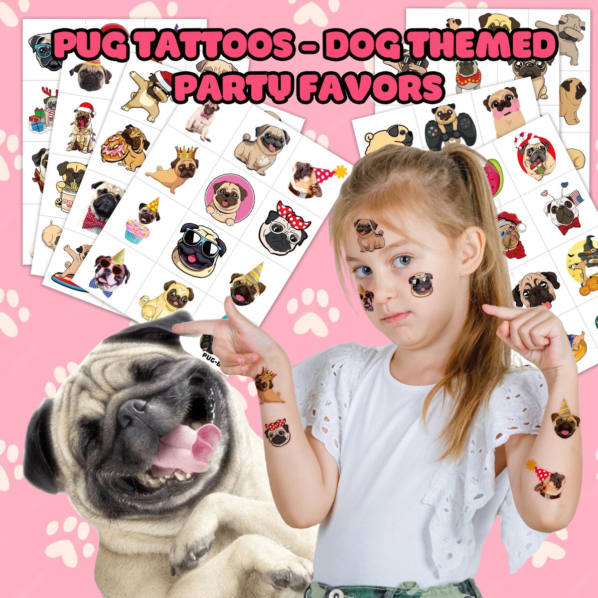 96 PCS Pug Temporary Tattoos for Kids - Pre-Cut Cute Dog Puppy Stickers for Birthday Party Favors, Decorations, Supplies, School Rewards & Gifts for Boys Girls Avelisse