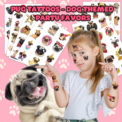 96 PCS Pug Temporary Tattoos for Kids - Pre-Cut Cute Dog Puppy Stickers for Birthday Party Favors, Decorations, Supplies, School Rewards & Gifts for Boys Girls Avelisse