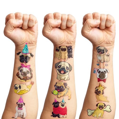 96 PCS Pug Temporary Tattoos for Kids - Pre-Cut Cute Dog Puppy Stickers for Birthday Party Favors, Decorations, Supplies, School Rewards & Gifts for Boys Girls Avelisse