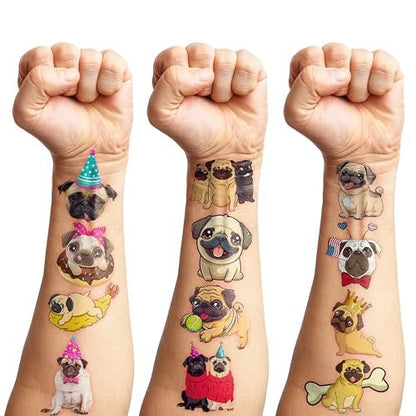 96 PCS Pug Temporary Tattoos for Kids - Pre-Cut Cute Dog Puppy Stickers for Birthday Party Favors, Decorations, Supplies, School Rewards & Gifts for Boys Girls Avelisse