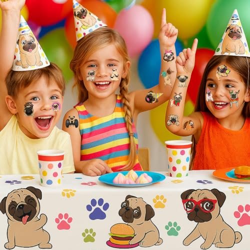 96 PCS Pug Temporary Tattoos for Kids - Pre-Cut Cute Dog Puppy Stickers for Birthday Party Favors, Decorations, Supplies, School Rewards & Gifts for Boys Girls Avelisse