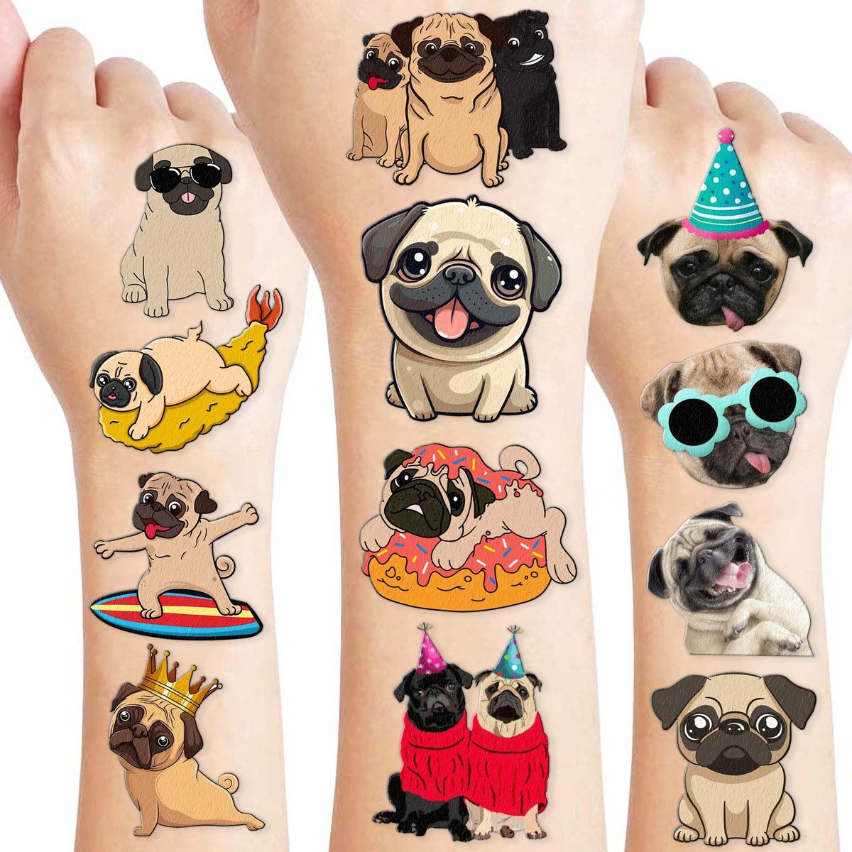 96 PCS Pug Temporary Tattoos for Kids - Pre-Cut Cute Dog Puppy Stickers for Birthday Party Favors, Decorations, Supplies, School Rewards & Gifts for Boys Girls Avelisse