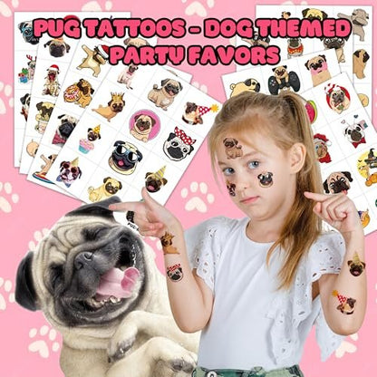 96 PCS Pug Temporary Tattoos for Kids - Pre-Cut Cute Dog Puppy Stickers for Birthday Party Favors, Decorations, Supplies, School Rewards & Gifts for Boys Girls Avelisse