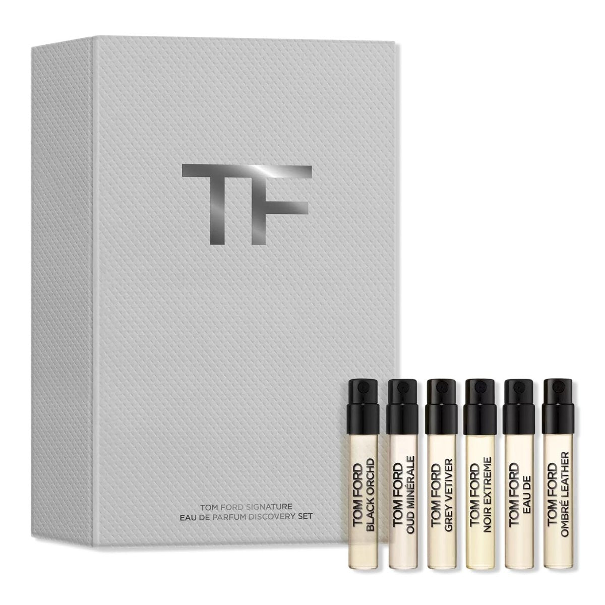 Tom Ford Signature Fragrance Discovery Gift Set: 6 Iconic Samples (Black Orchid, Costa Azzurra, Grey Vetiver, Noir Extreme, Soleil Blanc, Ombré Leather) – 0.05 Fl Oz Each Avelisse