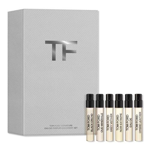 Tom Ford Signature Fragrance Discovery Gift Set: 6 Iconic Samples (Black Orchid, Costa Azzurra, Grey Vetiver, Noir Extreme, Soleil Blanc, Ombré Leather) – 0.05 Fl Oz Each Avelisse