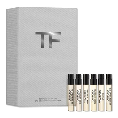 Tom Ford Signature Fragrance Discovery Gift Set: 6 Iconic Samples (Black Orchid, Costa Azzurra, Grey Vetiver, Noir Extreme, Soleil Blanc, Ombré Leather) – 0.05 Fl Oz Each Avelisse