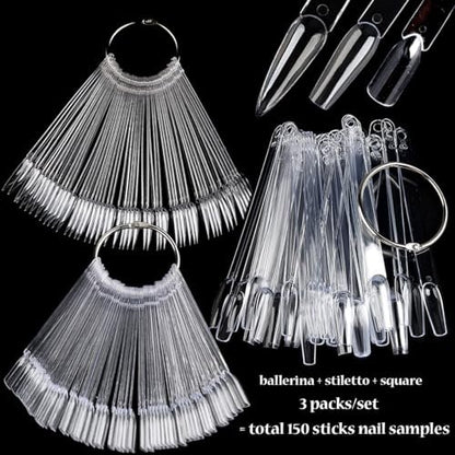 Fcozpjk 150pcs Nail Color Swatch Sticks with Ring – Ballerina Square Stiletto Clear Nail Tips for Polish Display, Practice, and Salon Use