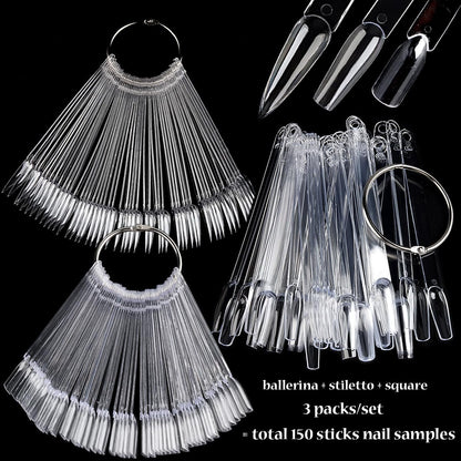 Fcozpjk 150pcs Nail Color Swatch Sticks with Ring – Ballerina Square Stiletto Clear Nail Tips for Polish Display, Practice, and Salon Use