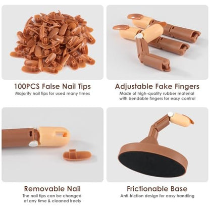 BORNBYME Acrylic Nail Practice Finger Kit with Stand, Adjustable Fake Fingers & 100 Brown Nail Tips – Movable Training Nail Practice for Beginners