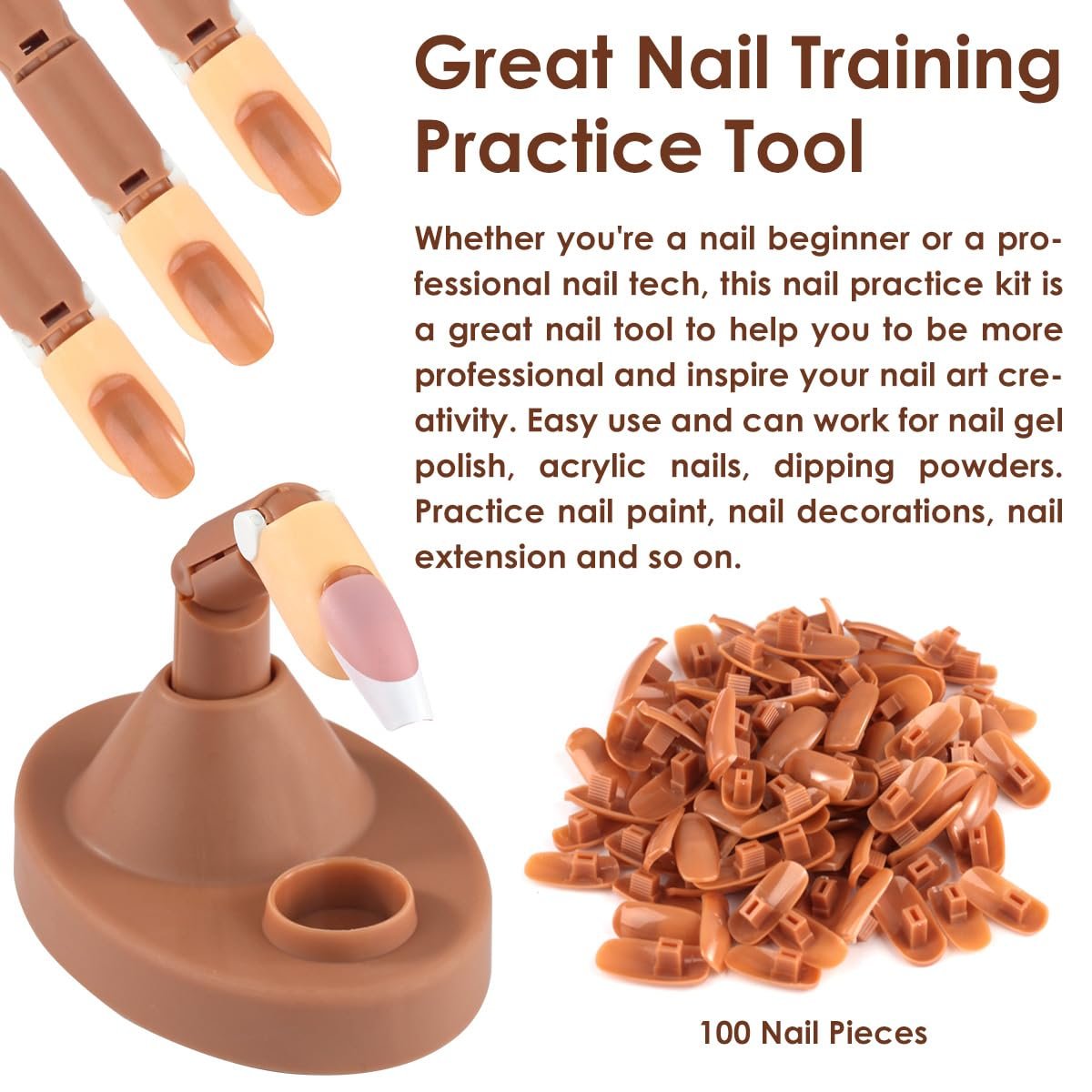 BORNBYME Acrylic Nail Practice Finger Kit with Stand, Adjustable Fake Fingers & 100 Brown Nail Tips – Movable Training Nail Practice for Beginners - görsel 11